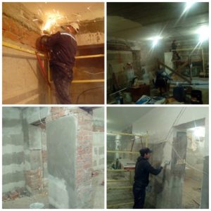 Демонтаж арматуры, огрунтовка, оштукатуривание поверхности стен